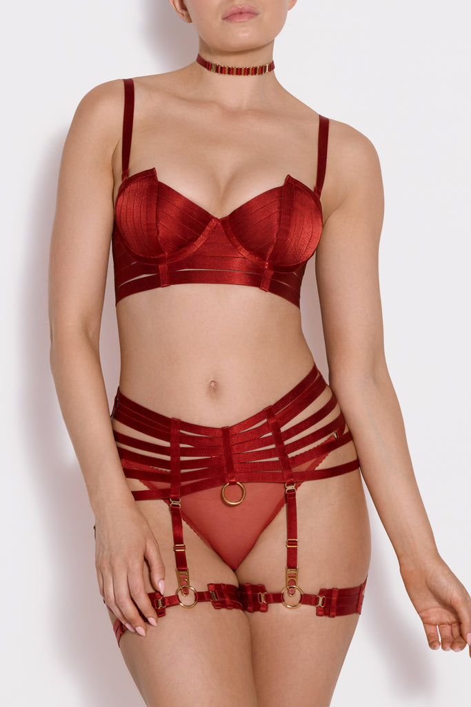 Bordelle Signature Wired Satin Strapping Padded Angela Bodice Bra Burnt Red